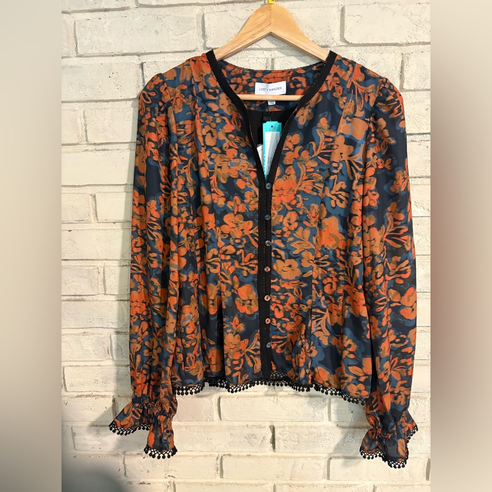 Lost + Wander Black and Orange Floral Blouse